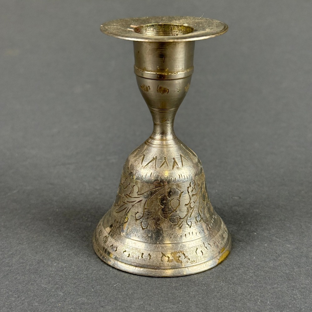 Vintage Engraved Bell Candlestick Candle Holder Silver Tone Brass 3.75"